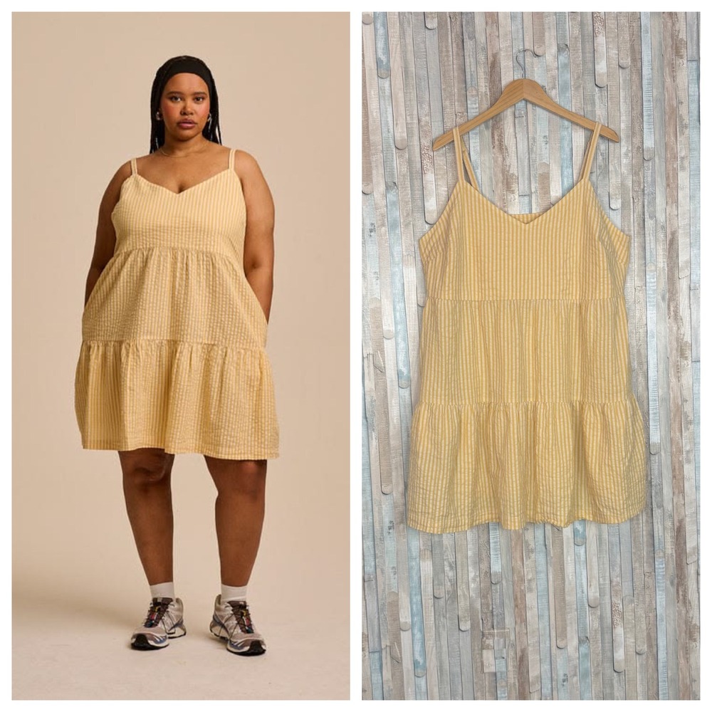 Lucy & Yak 20 Mae Dress Yellow Seersucker Stripe Organic Cotton Tiered Mini